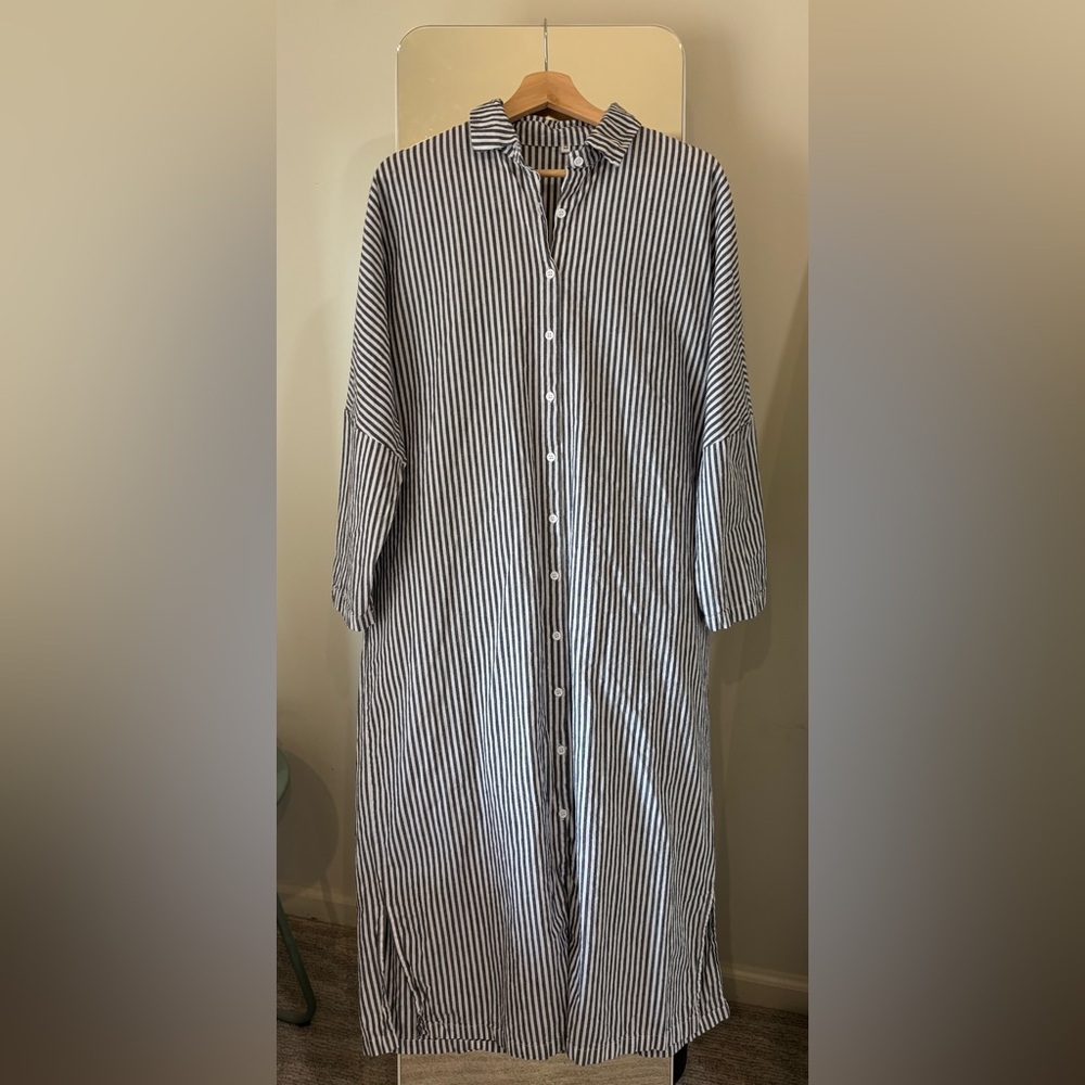 Chou Yatou Striped Blue and White Longline Button-Down Shirt Dress M 100% cotton